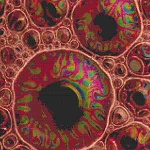 Könnte beinhalten: Abstrakte digitale Kunst mit einer Nahaufnahme von mehreren großen, kreisförmigen Formen mit dunklem Zentrum, umgeben von kleineren, ähnlichen Formen. Die größeren Formen haben eine rot-braune pixelige Textur mit farbenfrohen, wirbelnden Mustern.