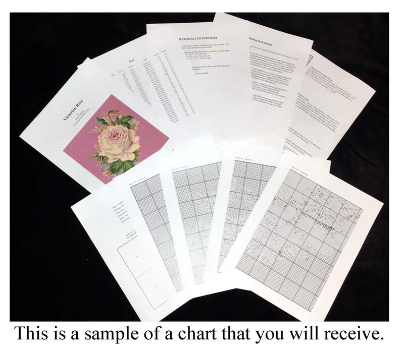 May include: A sample cross-stitch chart for a Victorian Rose pattern. The chart is printed on white paper and includes a color key, materials list, and stitching instructions.