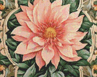 Pode incluir: Uma flor rosa com um centro amarelo cercada por folhas e videiras verdes. A flor está em uma moldura decorativa.