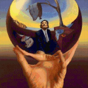 May include: A surreal painting of a hand holding a glass sphere. Inside the sphere, a man in a suit is reflected against a background of a tree and a cloudy sky.