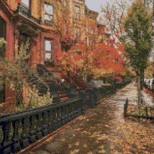 Brooklyn New York brownstones in Autumn landscape Cross Stitch pattern PDF - Instant Download!