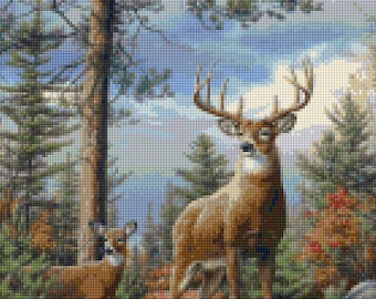 Patrón de punto de cruz de paisaje de ciervos del bosque en PDF - ¡Descarga instantánea!