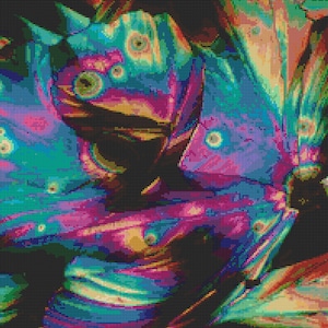 May include: Abstract digital art featuring a vibrant, iridescent butterfly with shades of blue, green, purple, and yellow. The butterfly's wings are textured and have a pixelated appearance.