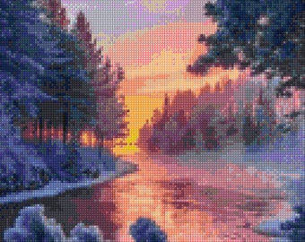 May include: A vibrant, pixelated landscape depicts a sunset over a snowy river. The sky transitions from blue to pink and orange, reflecting in the water. Dark green trees frame the scene, creating a serene, wintery atmosphere.