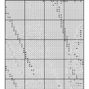 May include: Black and white cross stitch pattern chart with symbols for a craft project. The chart includes a variety of symbols, including letters, numbers, and shapes. The chart is labeled "Page 1 of 16 Position A:1".