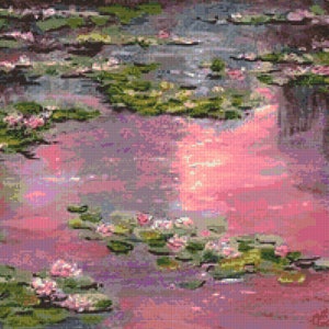 Op de afbeelding: Een schilderij van een vijver met waterlelies en waterleliebladeren. Het water is zacht roze en paars van kleur, en de waterleliebladeren zijn groen. Het schilderij is gemaakt in een stijl die doet denken aan het impressionisme.