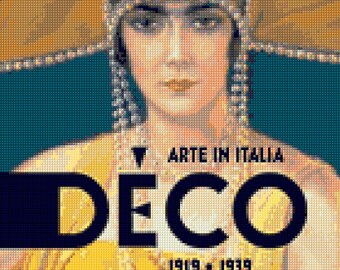 May include: A vintage poster advertising "DECO ARTE IN ITALIA 1919-1939". The poster features a woman wearing a large, wide-brimmed hat and a beaded necklace. She has a serious expression on her face.