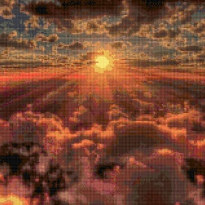 May include: A vibrant sunset over a field of fluffy clouds. The sun is setting in the distance, casting a warm glow on the clouds. The sky is a mix of orange, pink, and purple.