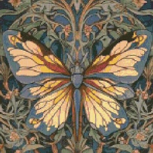 May include: A tapestry featuring a large, colorful butterfly with yellow, red, and blue wings. The butterfly is surrounded by a floral pattern in shades of green, brown, and blue.