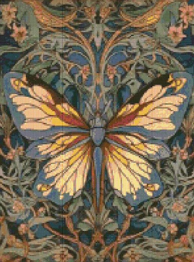 May include: A tapestry featuring a large, colorful butterfly with yellow, red, and blue wings. The butterfly is surrounded by a floral pattern in shades of green, brown, and blue.