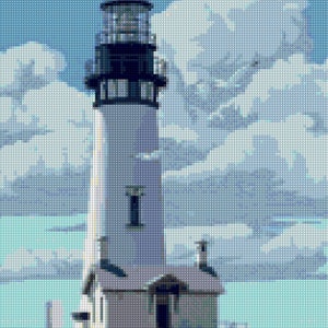 Puede incluir: Un faro blanco con techo negro y una linterna negra se alza alto contra un cielo azul con nubes blancas. El faro est&aacute; en una colina cubierta de hierba con el texto "OREGON COAST" encima.