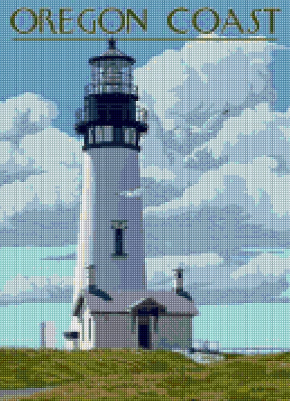 Vintage Lighthouse Oregon Coast Cross Stitch pattern travel poster PDF - Instant Download!