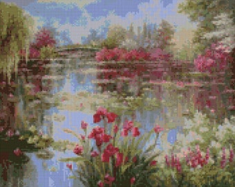 Impressionist Iris Pond Cross Stitch pattern - PDF Instant Download!