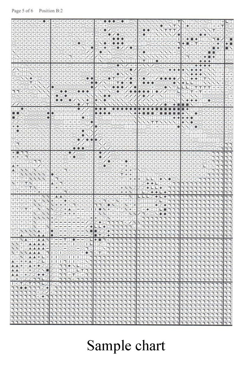 Puede incluir: Un gr&aacute;fico de punto de cruz en blanco y negro con s&iacute;mbolos para un proyecto de punto de cruz. El gr&aacute;fico est&aacute; etiquetado como "P&aacute;gina 5 de 6 Posici&oacute;n B:2" y "Gr&aacute;fico de muestra".