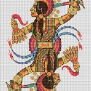 May include: A colorful illustration of a Native American warrior with a headdress, holding a bird in one hand and a spear in the other. The warrior is wearing intricate beadwork and feathers.