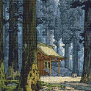 May include: A painting of a small wooden building with a roof and a porch, surrounded by tall, dark trees. The building is in the middle of a clearing in the forest, and the trees are all very tall and thick.