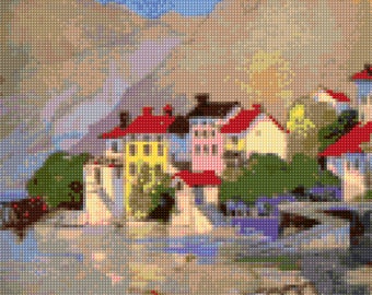 Vintage Italian Fishing Village Cross Stitch patrón cartel de viaje PDF - Descarga instantánea!