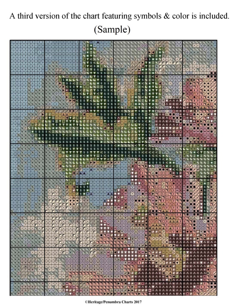 May include: A cross-stitch pattern featuring a floral design with pink, green, and blue flowers. The pattern is on a grid with symbols and colors.