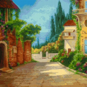 May include: A detailed painting of a European village scene. The image features buildings with red tile roofs, lush greenery, and a cobblestone path. The sky is a bright blue with hints of clouds, creating a vibrant and inviting atmosphere.
