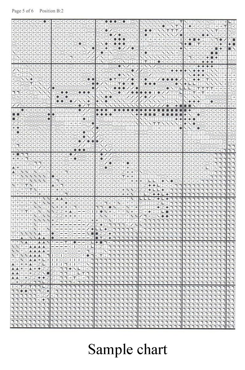 Puede incluir: Un gr&aacute;fico de punto de cruz en blanco y negro con el texto "P&aacute;gina 5 de 6 Posici&oacute;n B:2" y "Muestra de gr&aacute;fico" en la parte inferior.