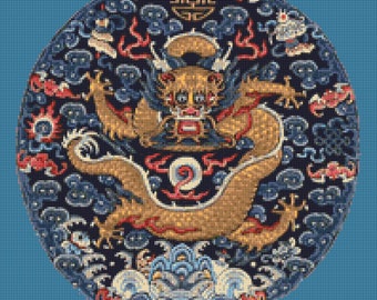 May include: Circular embroidered design featuring a golden dragon with intricate details. The dragon is set against a dark blue background with red, white, and blue accents. The design has a traditional, ornate style.