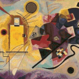 May include: Abstract painting with geometric shapes in shades of yellow, blue, red, and black. The painting features a large yellow rectangle, a circle, and a black line that curves through the center.