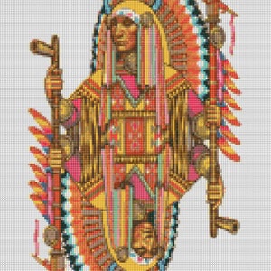 May include: A colorful cross-stitch pattern of a Native American person wearing a headdress and holding a staff. The person is depicted in a standing position with a detailed headdress and intricate clothing.