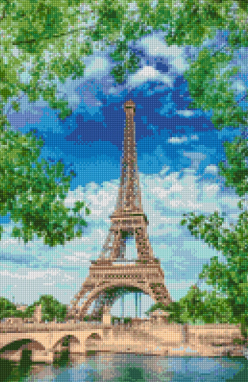 Puede incluir: Una pintura de la Torre Eiffel en Par&iacute;s, Francia. La torre es marr&oacute;n y se alza alta contra un cielo azul con nubes blancas. &Aacute;rboles verdes enmarcan la torre a ambos lados.