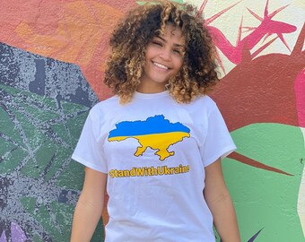 Stand with Ukraine, Support Ukraine Map Shirt, Peace in Ukraine Shirt, Man Woman Unisex Cotton T-Shirt