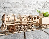 DIY wood train model kit, 3D wooden laser cut puzzle, Steam train decor gift