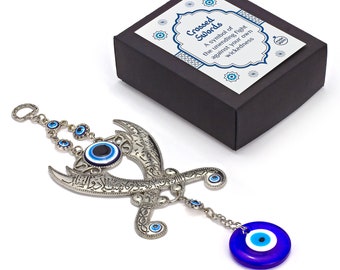 Evil Blue Eye Decor with Gift Box, Traditional Turkish Wall Hanging Ornament Crossed Swords, Nazar Amulet Evil Eye Protection for Home