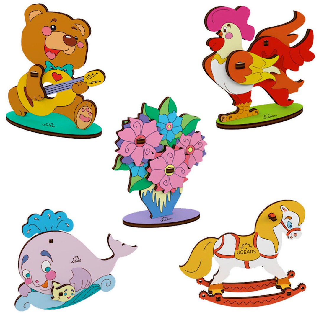 Set of 5 Coloring Wooden Puzzles, Toy Craft Project, Kids Wooden DIY 3D