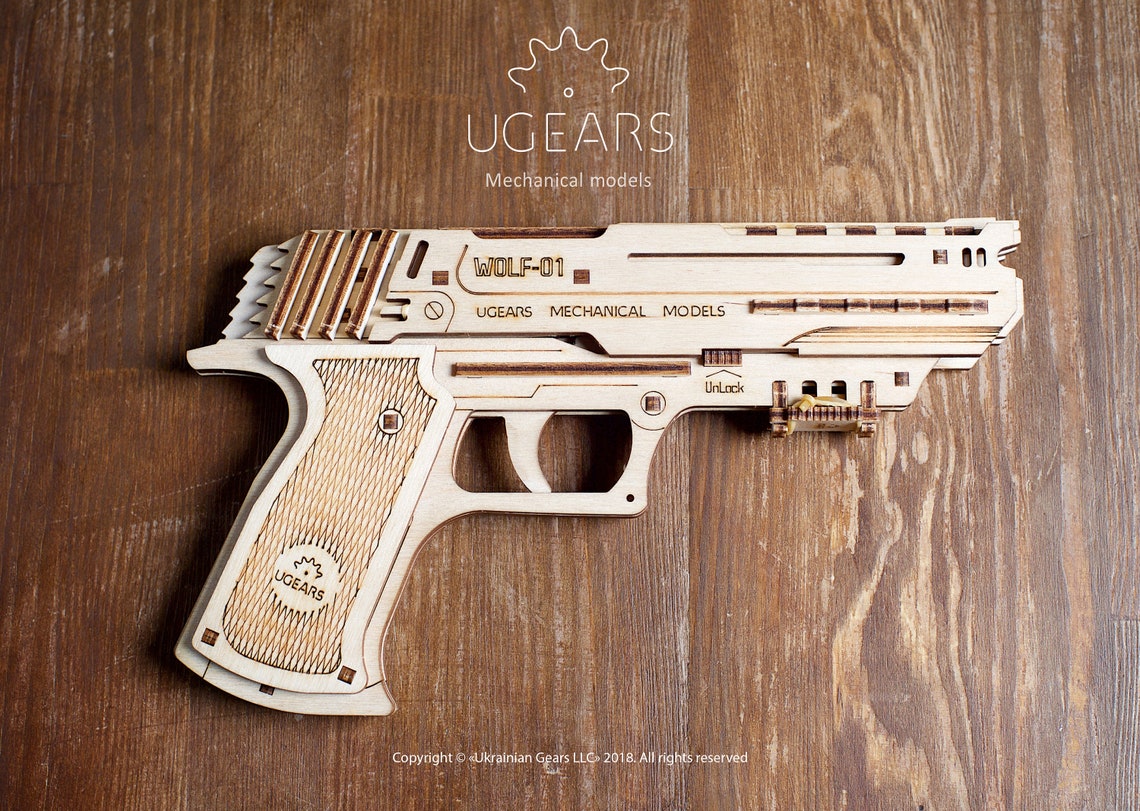Toy rubber band gun 3D laser cut plywood model puzzle Wooden Etsy