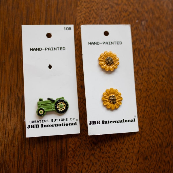 Vintage JHB International Buttons - vintage hand painted buttons -  vintage tin buttons - old buttons - vintage sunflower - vintage tractor