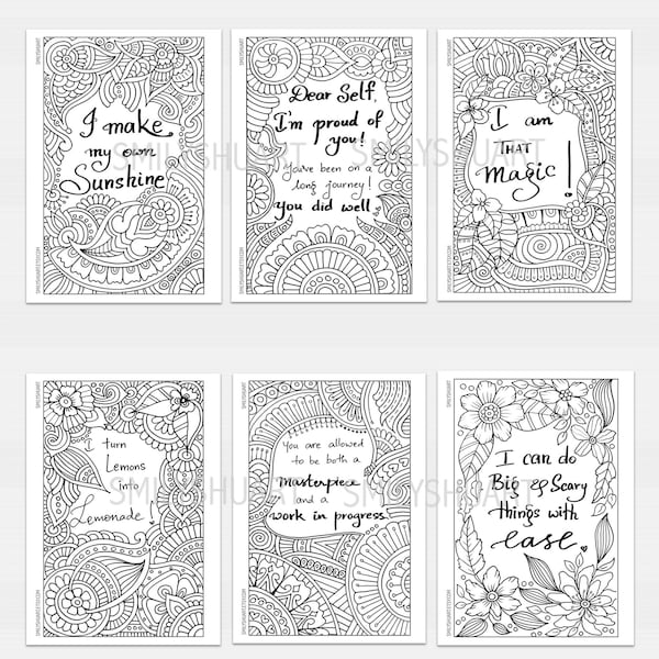 SALE! Printable Quote Coloring Book, Self Help Adult Coloring Book, 6 Self Love quotes to color, Mindfulness Coloring, 8.5x11 and 5x7 inches