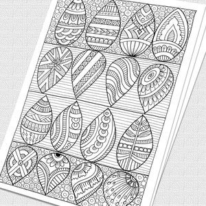 Puede incluir: Una página para colorear en blanco y negro con una variedad de formas de lágrima intrincadas y con patrones. Las formas están dispuestas en filas y columnas, creando un diseño visualmente atractivo.