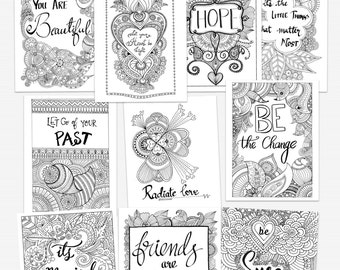 SALE! Printable Quote Coloring Book, Self Help Adult Coloring Book, 10 Motivational quotes to color, Card enclosures, Mindfulness Coloring