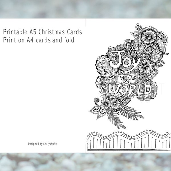 Joy To The World, Printable Christmas Card, Seasons Greetings, Holiday Greetings, DIY Christmas Coloring Card, Fold A4 sheet for A5 card