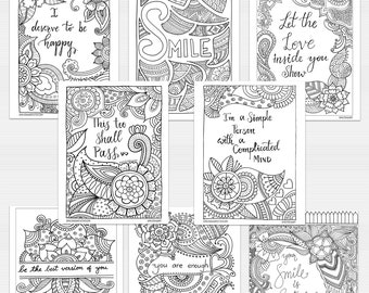 SALE! Relaxing Printable art for stress relief & mindfulness coloring, 8 Self care quotes with floral zentangle designs, PDF download