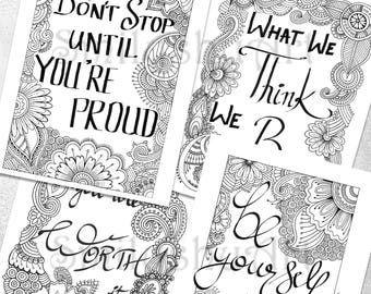 SALE!! Set of 4 Coloring Motivational Quotes, Printable Zentangle PDF Coloring Book, Positive Quotes, Art Therapy, Mindfulness Coloring