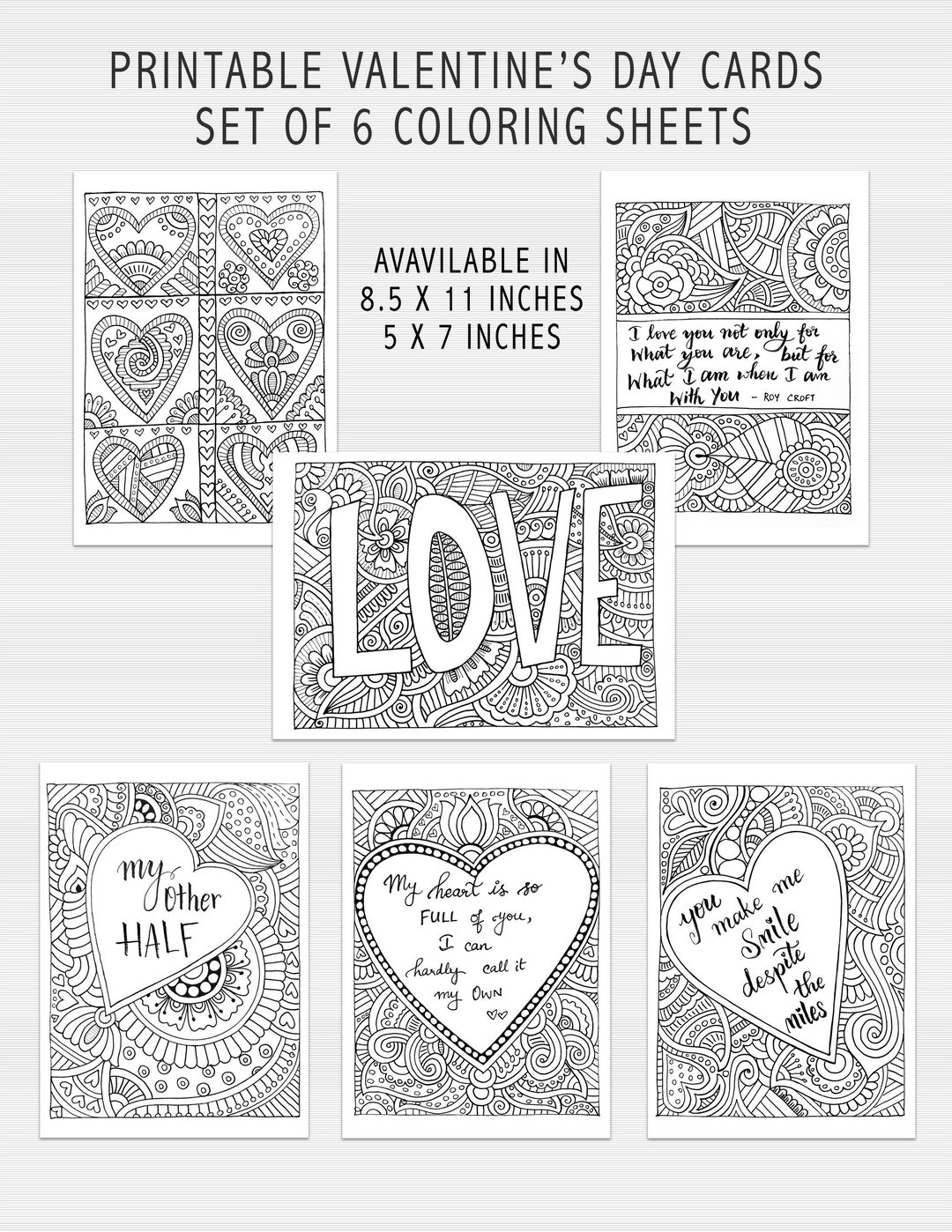 Printable Valentines Day Coloring Book, Set of 6 Digital Love Coloring ...