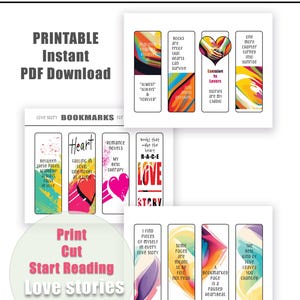 Könnte beinhalten: Druckbare PDF-Lesezeichen für hoffnungslose Romantiker mit Liebeszitaten. Das Design umfasst farbenfrohe abstrakte Kunst und Texte wie „Almost Always & Forever“ und „Enemies to Lovers“. Der Text „Print Cut Start Reading Love Stories“ ist ebenfalls enthalten.