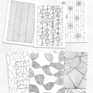 Op de afbeelding: Een set van zes zwart-wit kleurplaten met verschillende patronen. De patronen omvatten zigzag, cirkels, bloemen, geometrische vormen en meer.