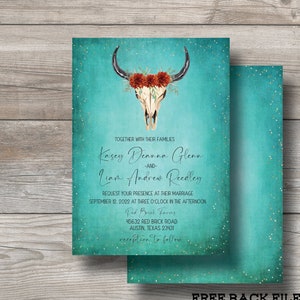 Western Turquoise Teal Rustic Cow Skull Themed Wedding Invitation-Custom Invitation Digital and Printable Files EDITABLE PDF image 1