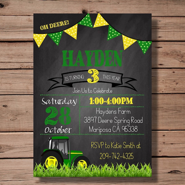 EDITABLE PDF-John Deere Tractor Themed Green & Yellow Farm Kids Birthday Invitation- Custom Invitation- Digital and Printable Files