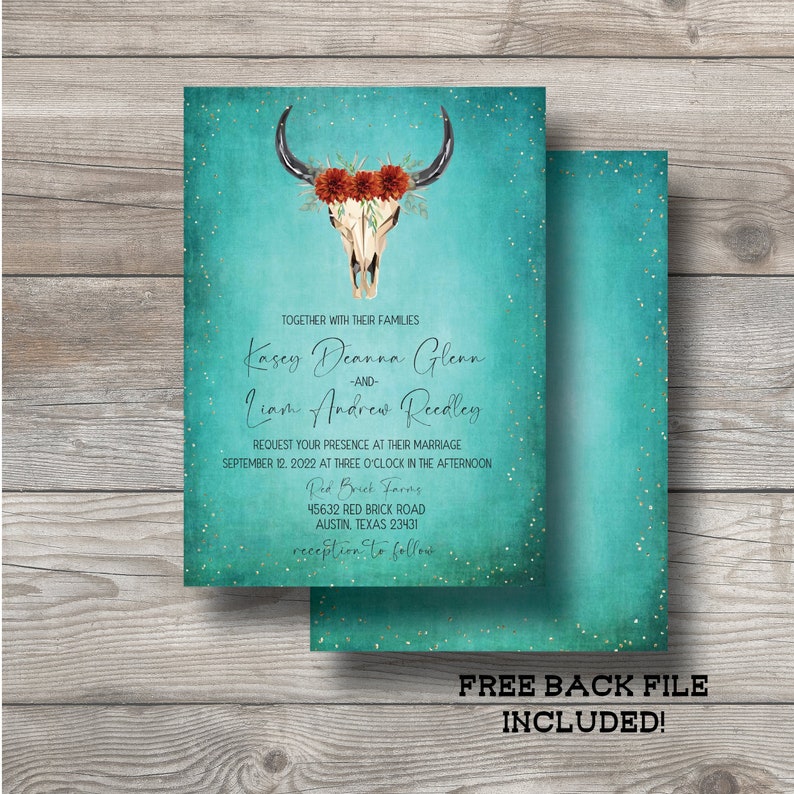 Western Turquoise Teal Rustic Cow Skull Themed Wedding Invitation-Custom Invitation Digital and Printable Files EDITABLE PDF image 1