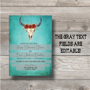 Western Turquoise Teal Rustic Cow Skull Themed Wedding Invitation-Custom Invitation Digital and Printable Files EDITABLE PDF image 2