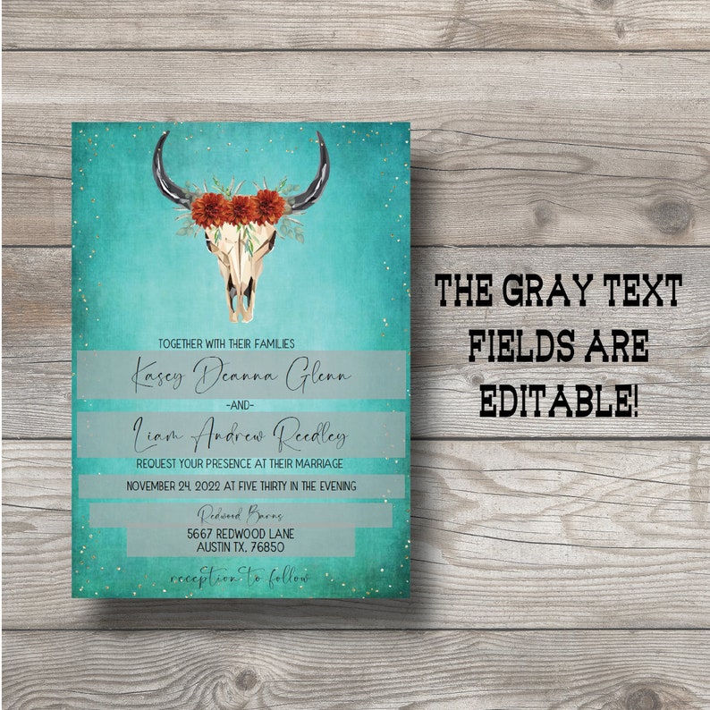 Western Turquoise Teal Rustic Cow Skull Themed Wedding Invitation-Custom Invitation Digital and Printable Files EDITABLE PDF image 2