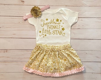 Twinkle twinkle little star outfit, twinkle twinkle little star 1st birthday theme, pink and gold stars, twinkle twinkle little star baby