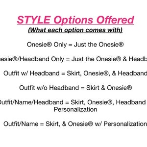 Peut inclure: Une liste d'options de style pour une tenue de combinaison, y compris la possibilit&eacute; d'ajouter un bandeau, une jupe et une personnalisation. Les options sont list&eacute;es avec une description de ce qui est inclus dans chacune.